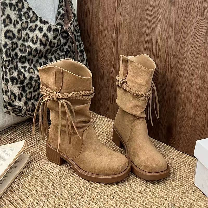 厚底靴子女废士复古风骑士靴真皮磨砂流苏麻绳粗跟中筒靴