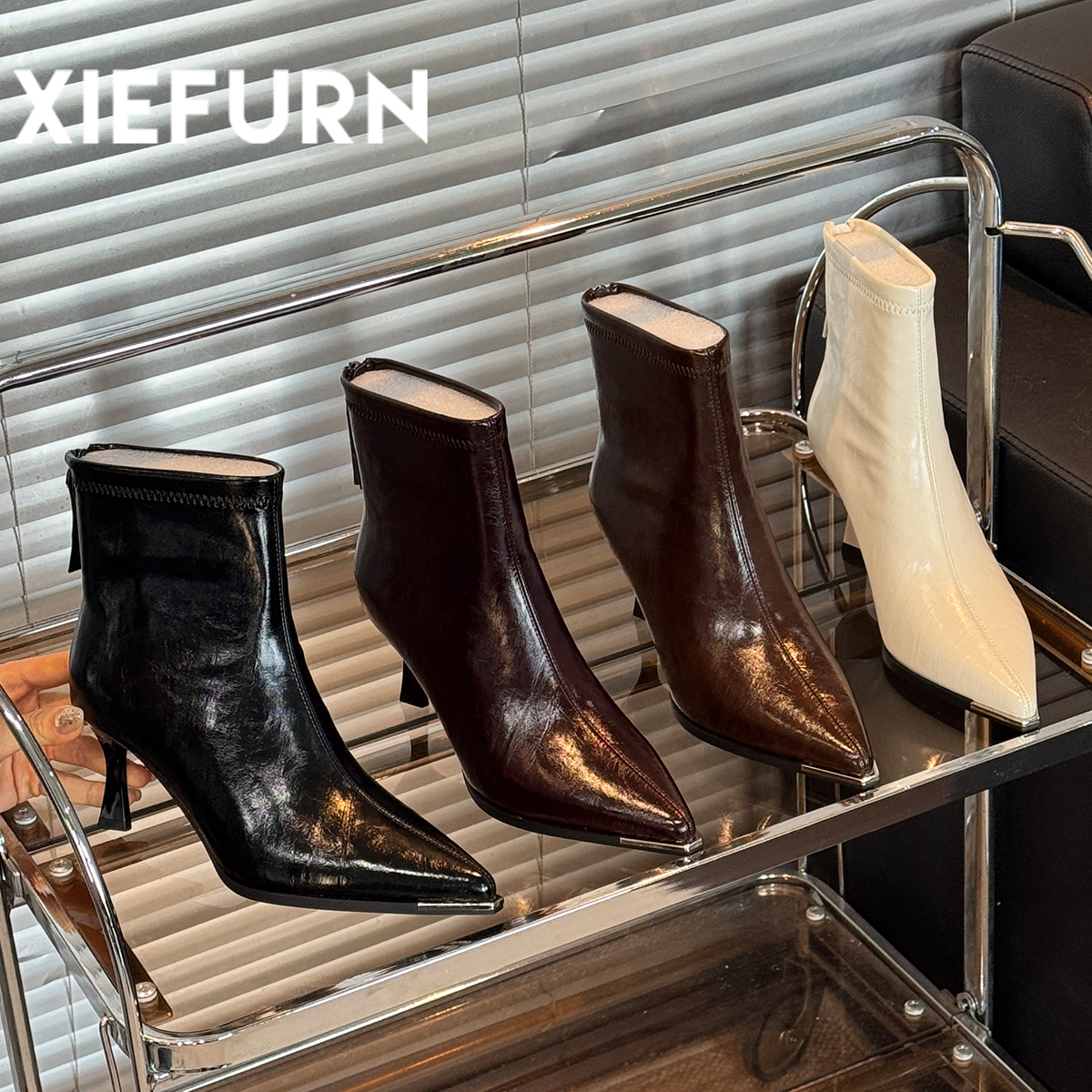 XIEFURN/鞋夫人高跟短靴女2025新款配裙子尖头气质小个子瘦瘦靴商品图