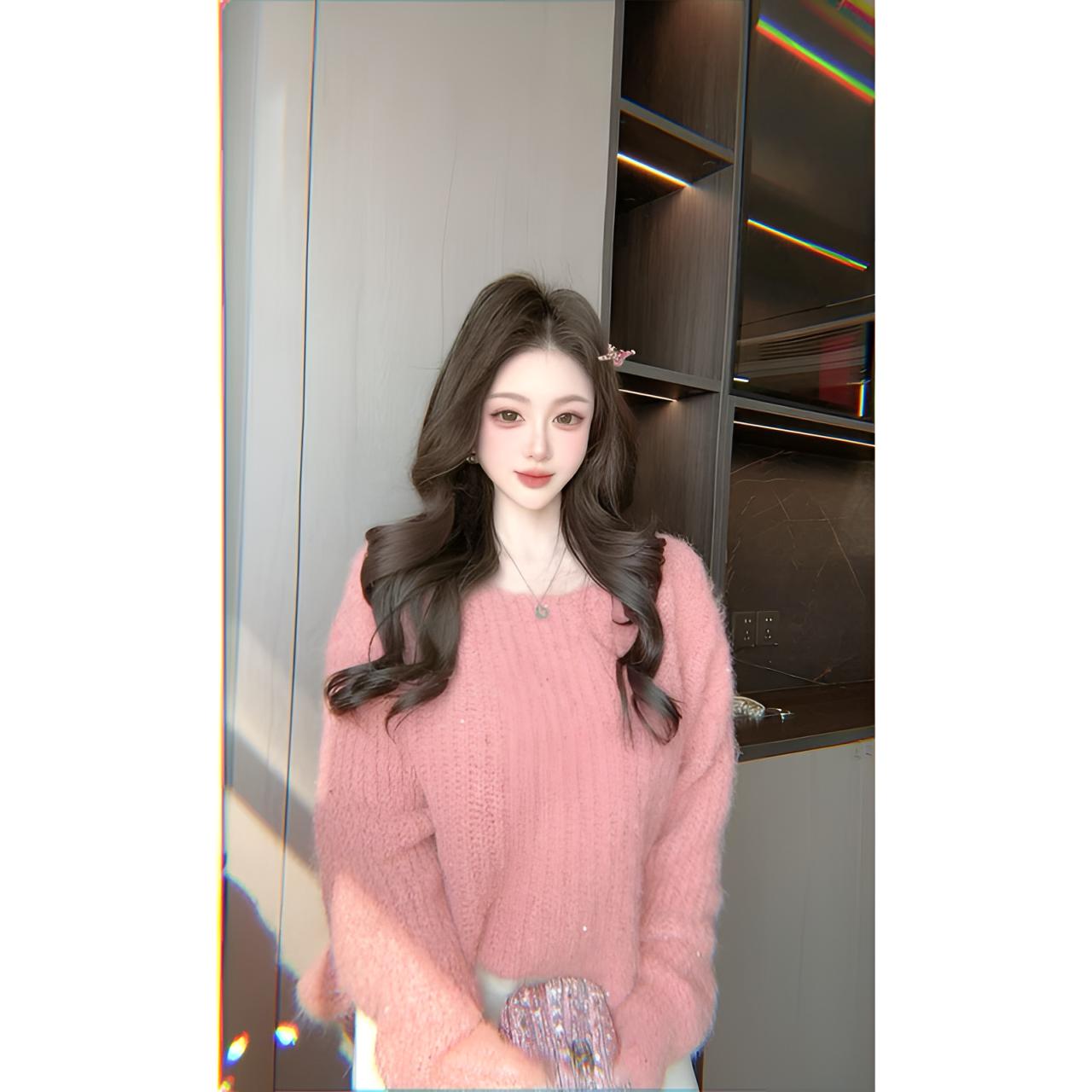 曼曼【奶油糖霜】早秋温柔细闪亮片露肩针织套头毛衣（不扎人）2592