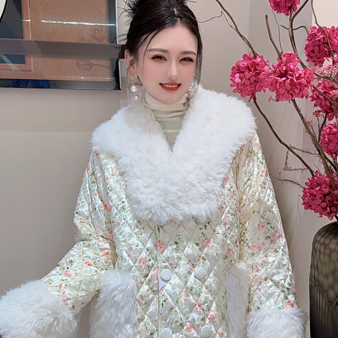 三层夹棉加厚丝绒大毛领保暖可外穿冬季轻奢女士家居服套装252345