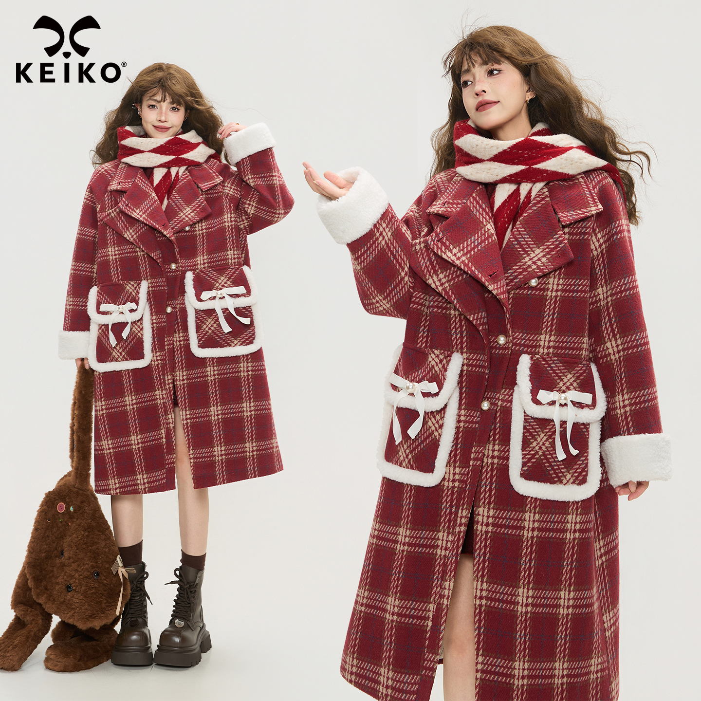 KEIKO [夹棉] 韩系复古红色格纹毛呢大衣秋冬氛围感加厚呢子外套