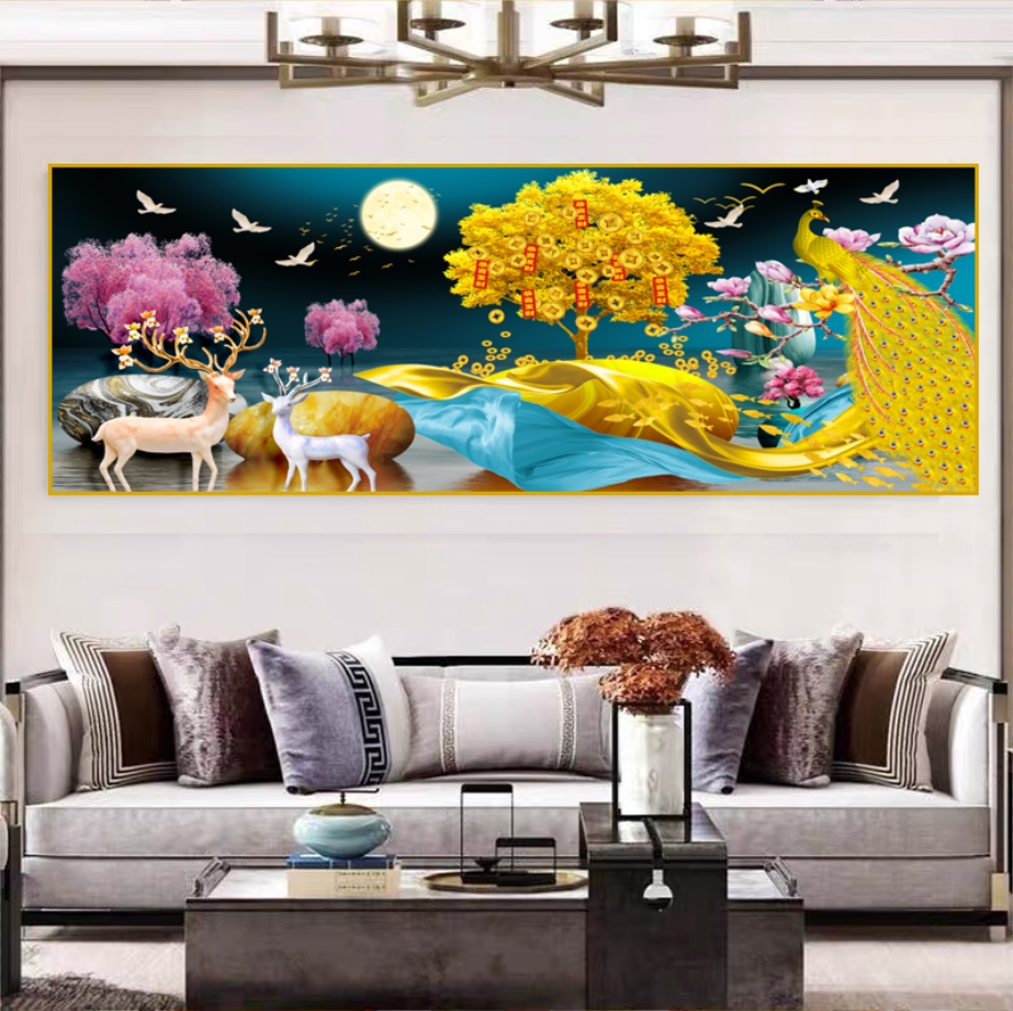 孔雀福禄新中式横幅画客厅沙发背景办公房晶瓷立体镶钻装饰挂画