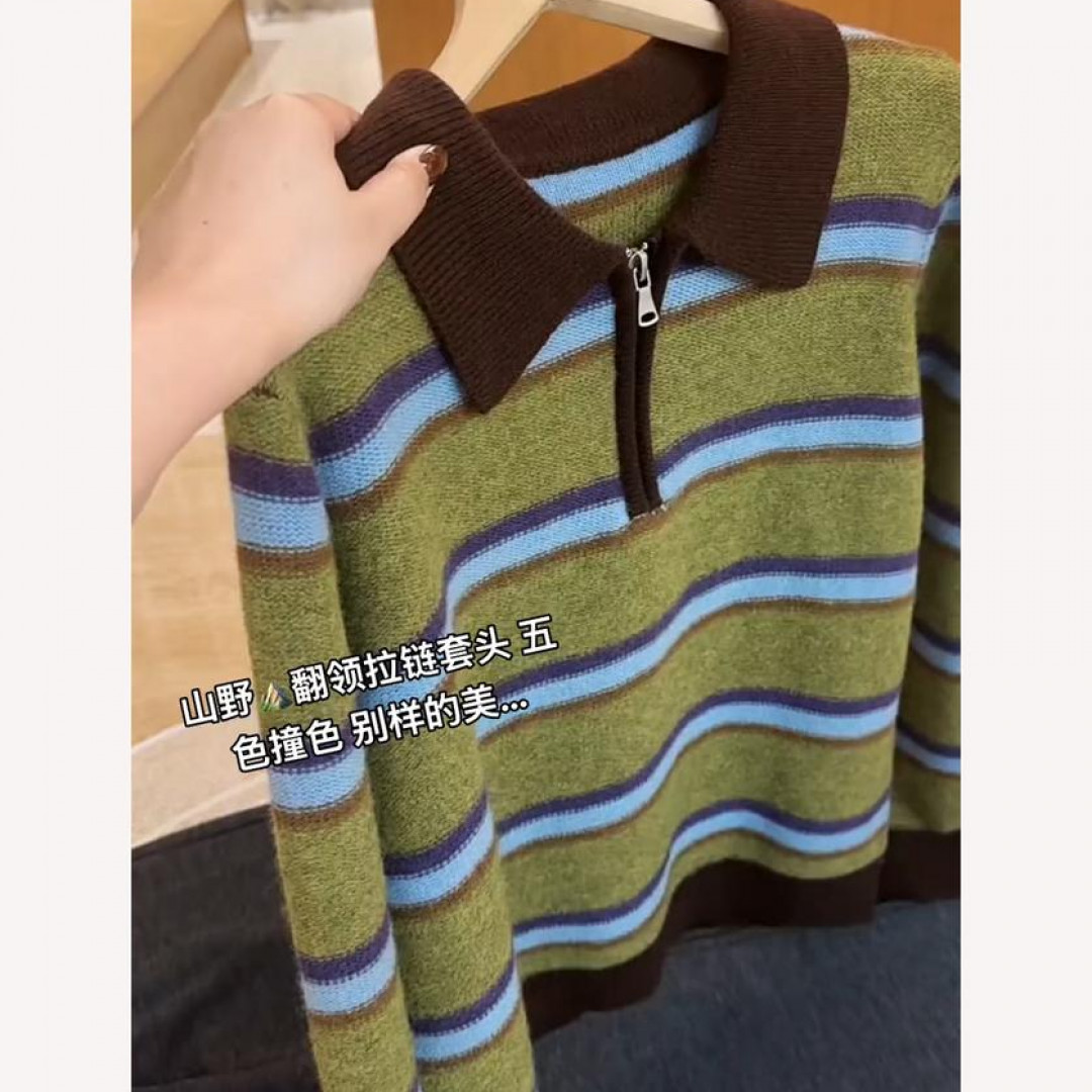 复古风撞色条纹Polo领半拉链针织衫女长袖百搭洋气高级感毛衣欧货