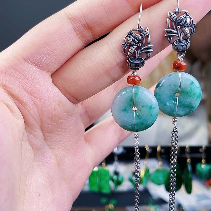 翡翠耳饰银S925镶嵌饰品