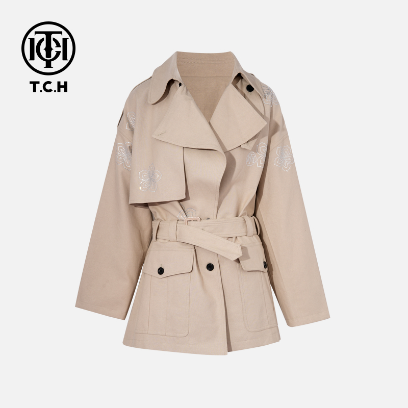 TCH烫钻工艺新时尚淑女百搭新潮流风衣女T75C15E5001轻奢tch