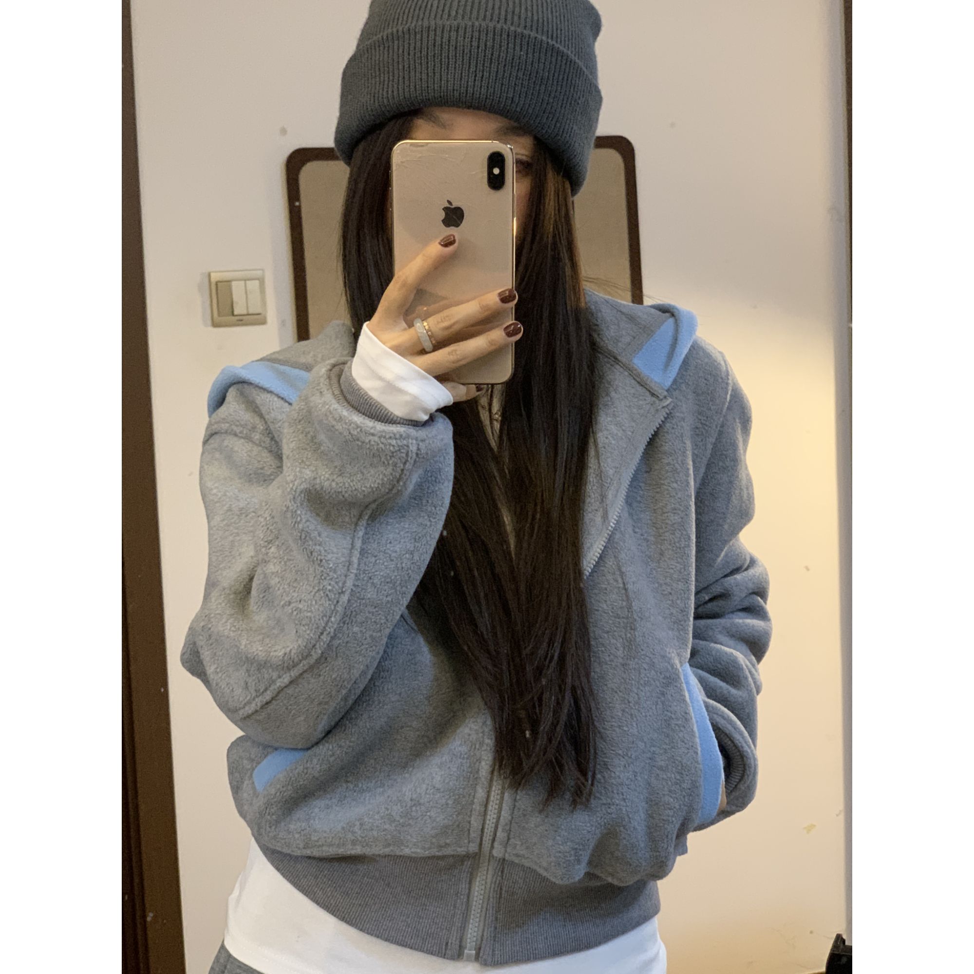 秋冬新款撞色拼接连帽拉链短外套女慵懒休闲风宽松韩系上衣