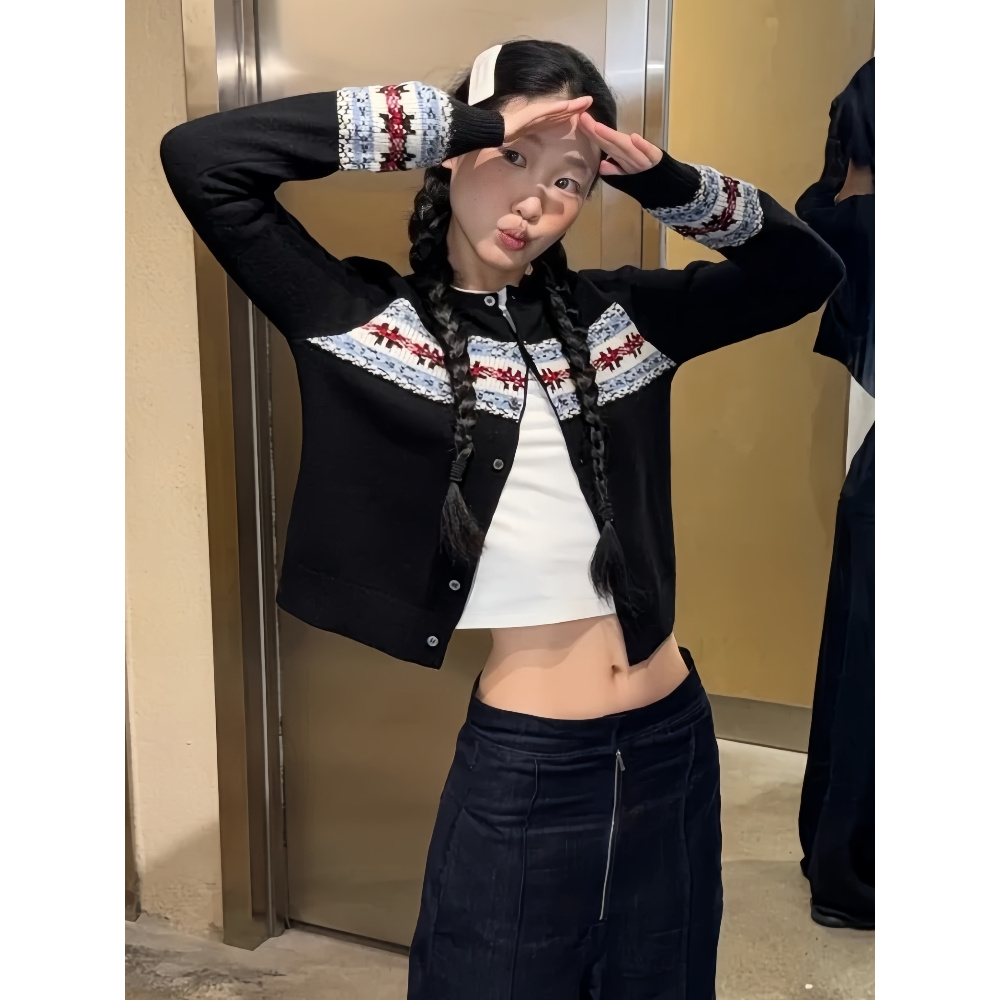 复古浪漫费尔岛针织开衫上衣女秋冬季撞色提花长袖厚款毛衣外套潮