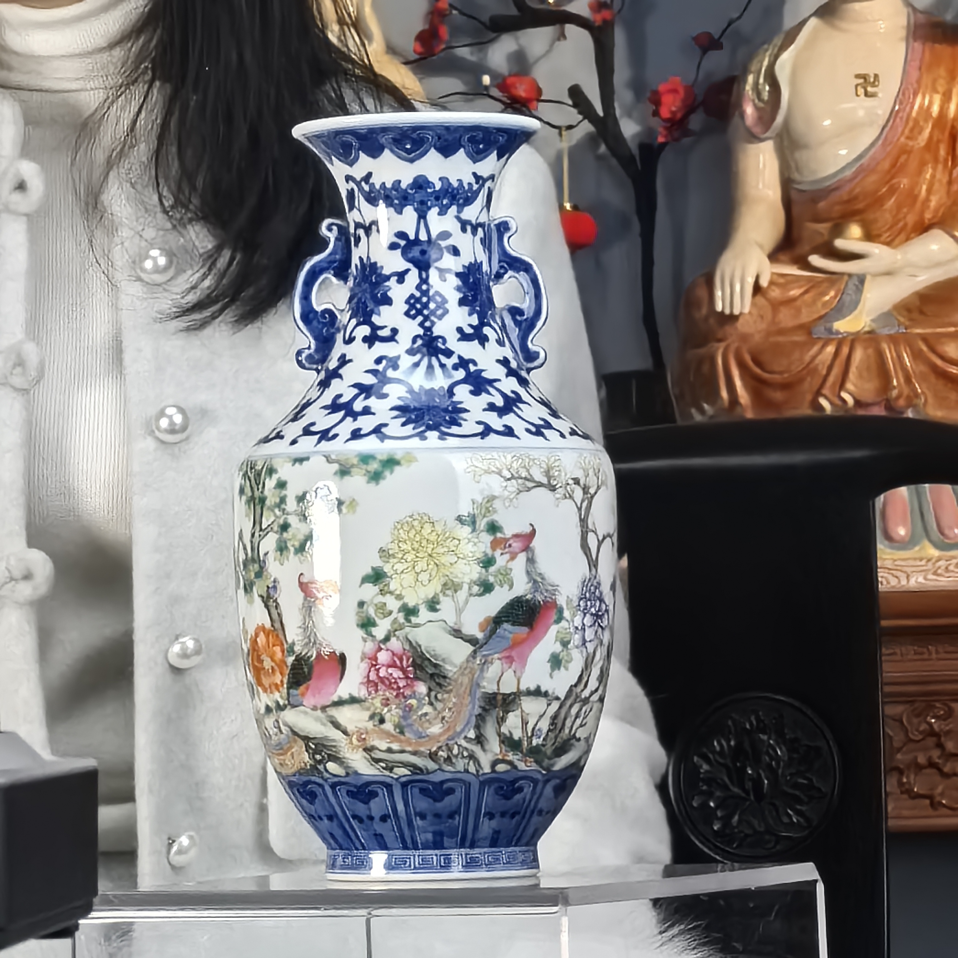 清 青花粉彩花鸟双耳赏瓶