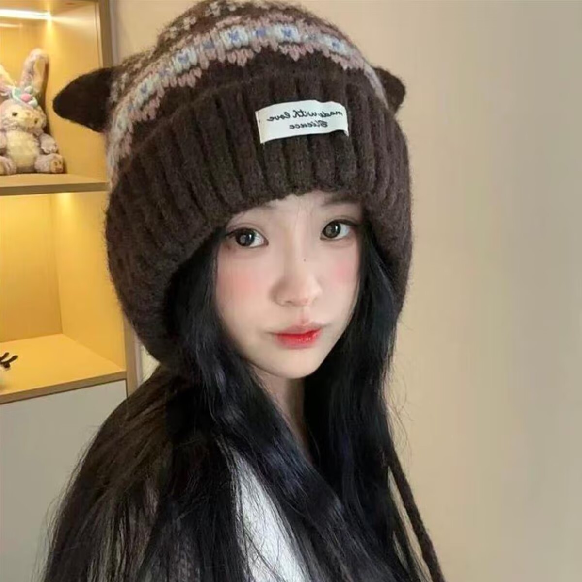 费尔岛猫咪耳朵雷锋帽女秋冬加绒大头围显脸小针织帽护耳毛线帽潮