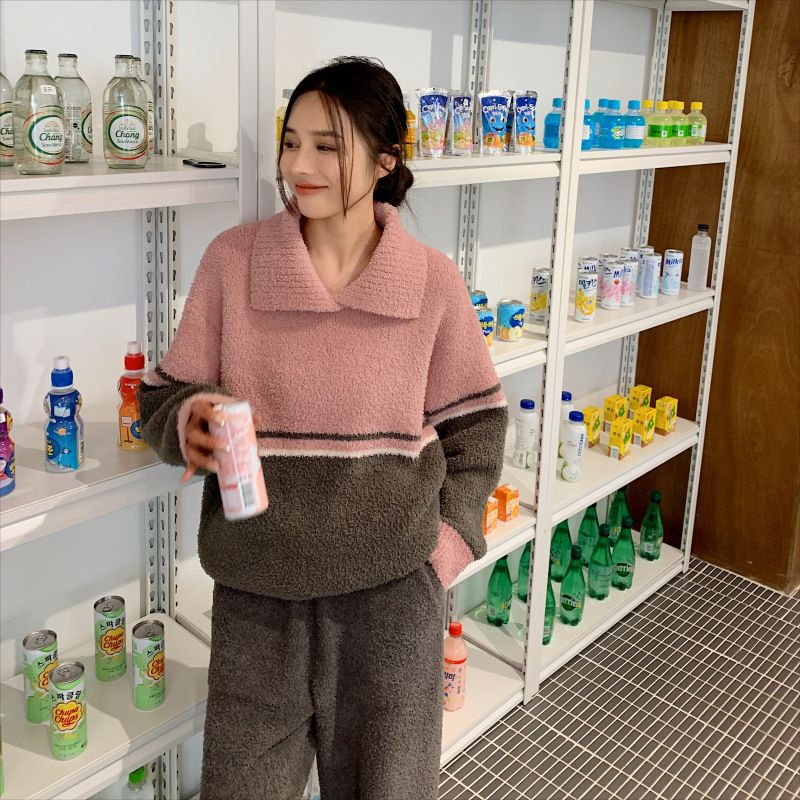 韩版撞色翻领半边绒睡衣女冬新款加绒加厚软绵绵家居服可外穿睡衣
