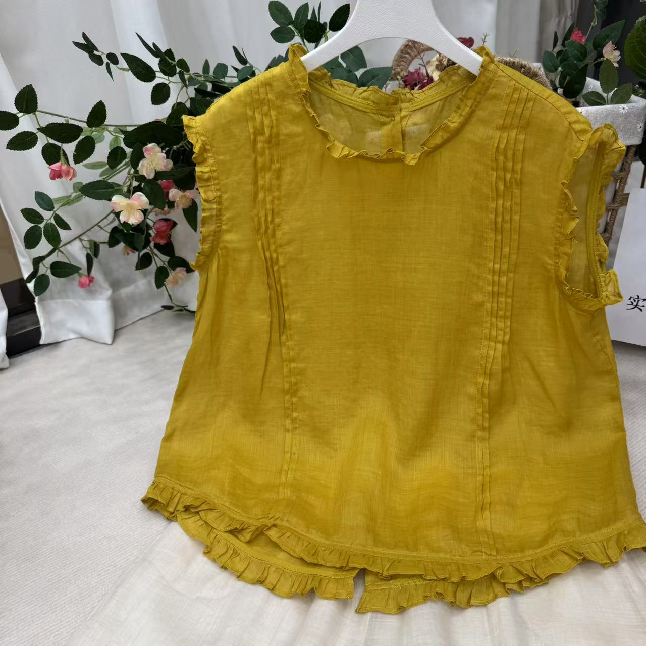 时尚苎麻衬衫休闲拼接木耳边夏季新款无袖纯色百搭小衫女上衣