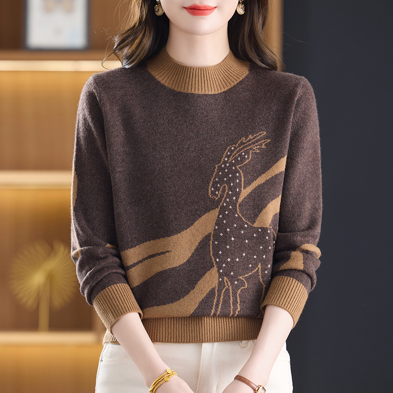 冬季新款小半高领时尚宽松显瘦小鹿针织衫C8116