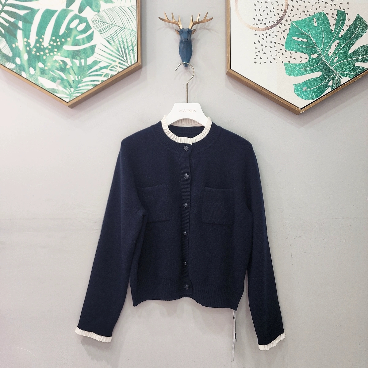 麦寻冬季新款MYKZS05Y奶油白藏青蓝色开衫毛衣蕾丝边小香风重工女