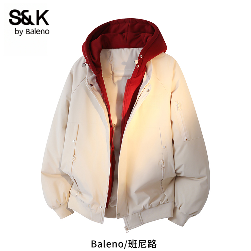 班尼路S&K连帽假两件棉服男士2025冬季新款加厚保暖休闲棉衣外套