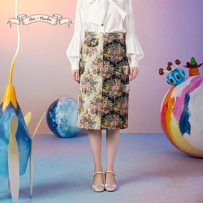 【达人专属】朝峰秋季复古碎花拼接直筒工装半身裙女CFD3C526-5095E