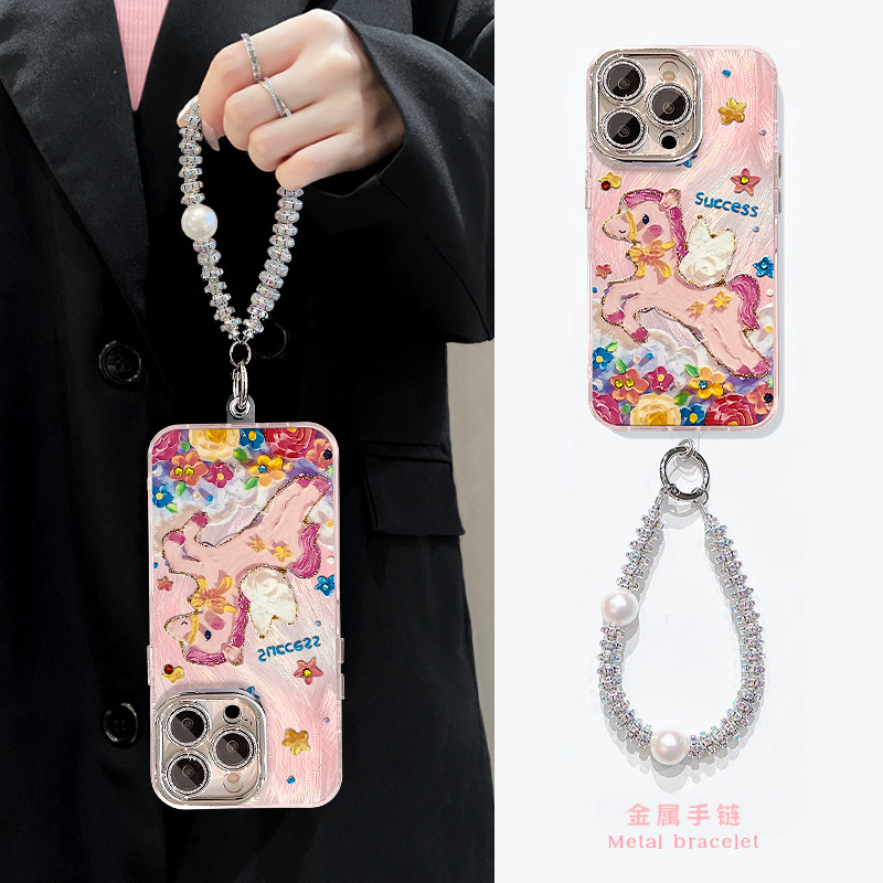 油画小马挂链适用17promax手机壳iphone15羽纱系列16可爱防摔