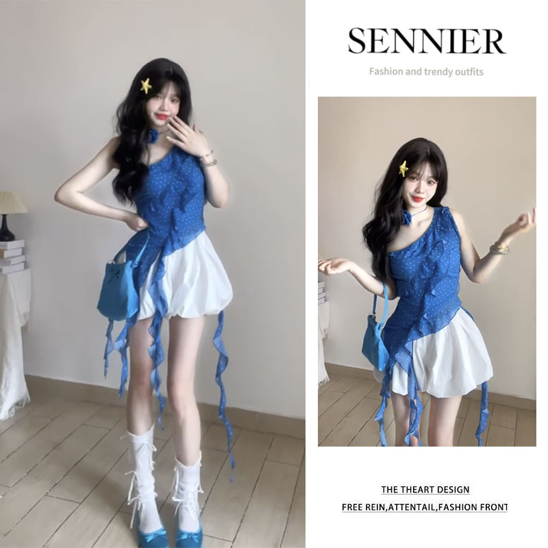 2025夏季新款百搭不规则荷叶边修身斜肩上衣显瘦花苞短裙两件套装