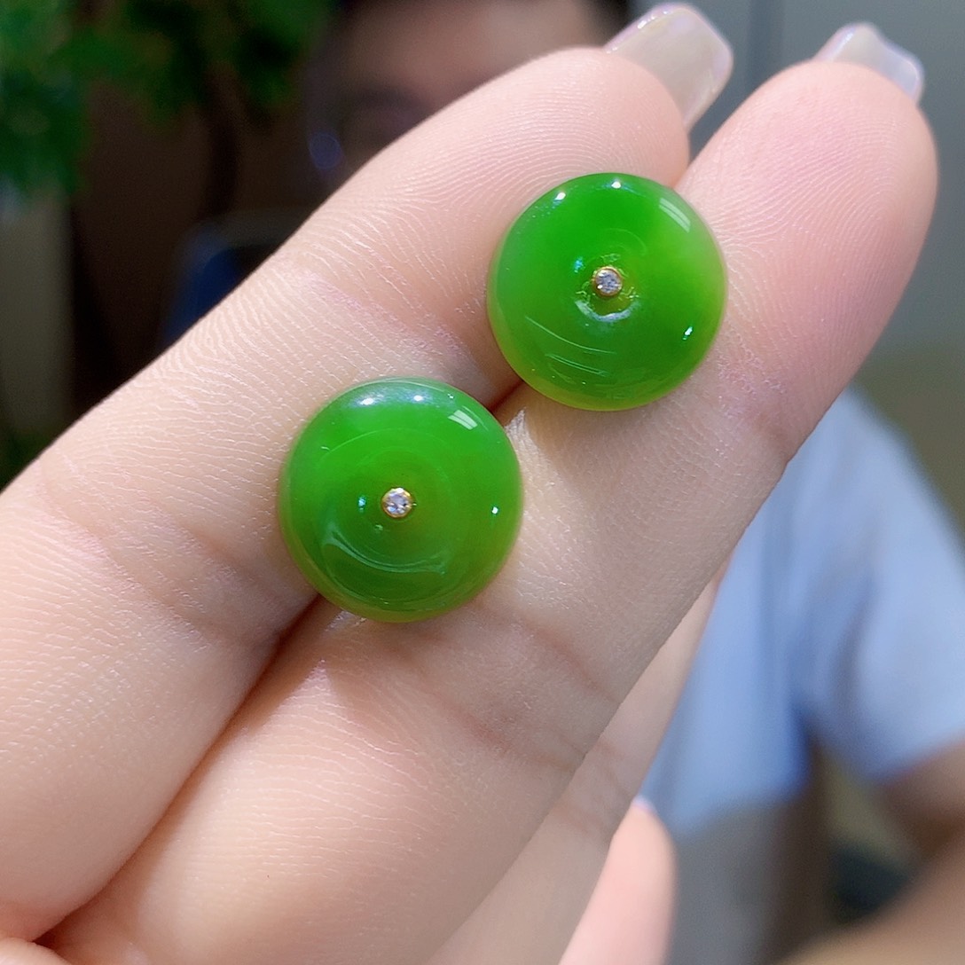 和田玉（碧玉）银S925镀金镶嵌耳饰