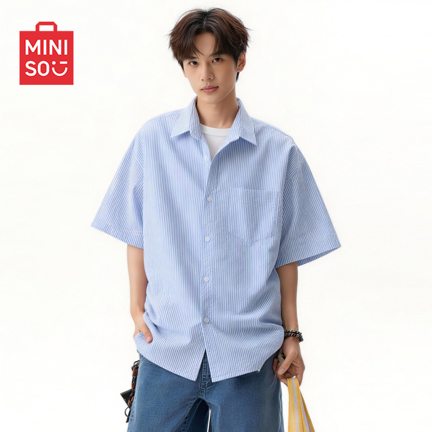 MINISO名创优品牛津纺短袖衬衫男夏季高级感蓝白条纹宽松休闲衬衣