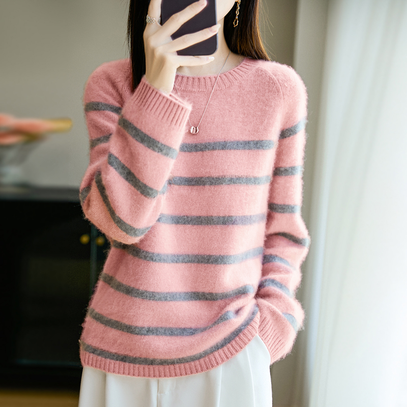 圆领羊毛衫女宽松时尚条纹毛衣加厚软糯轻盈内搭100%羊毛衫DMR395