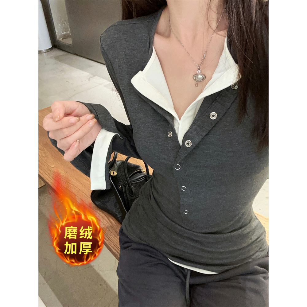 【现货】胖mm秋冬磨绒加厚保暖内搭设计感假两件正肩显瘦长袖08005