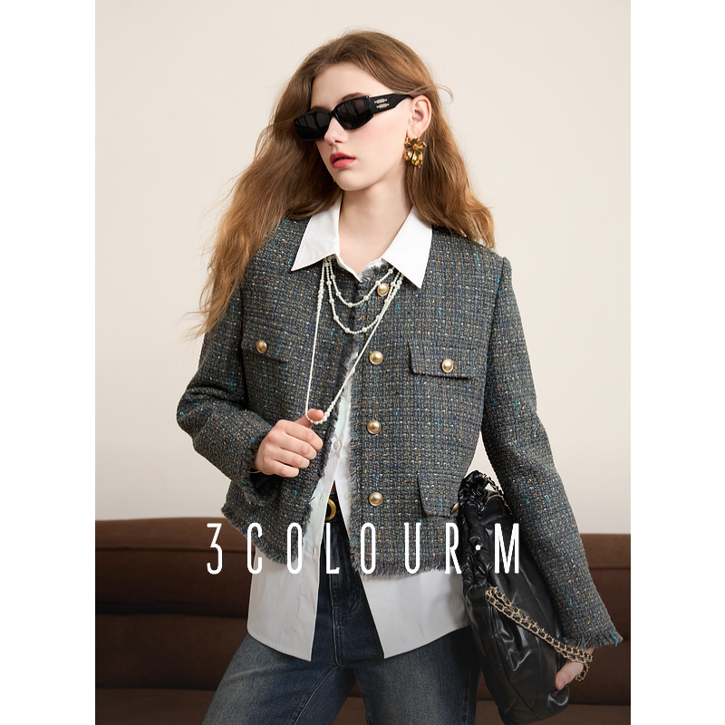 【小铃铛】三彩2025春季新款彩虹香风外套毛边圆领正肩短款开dbc