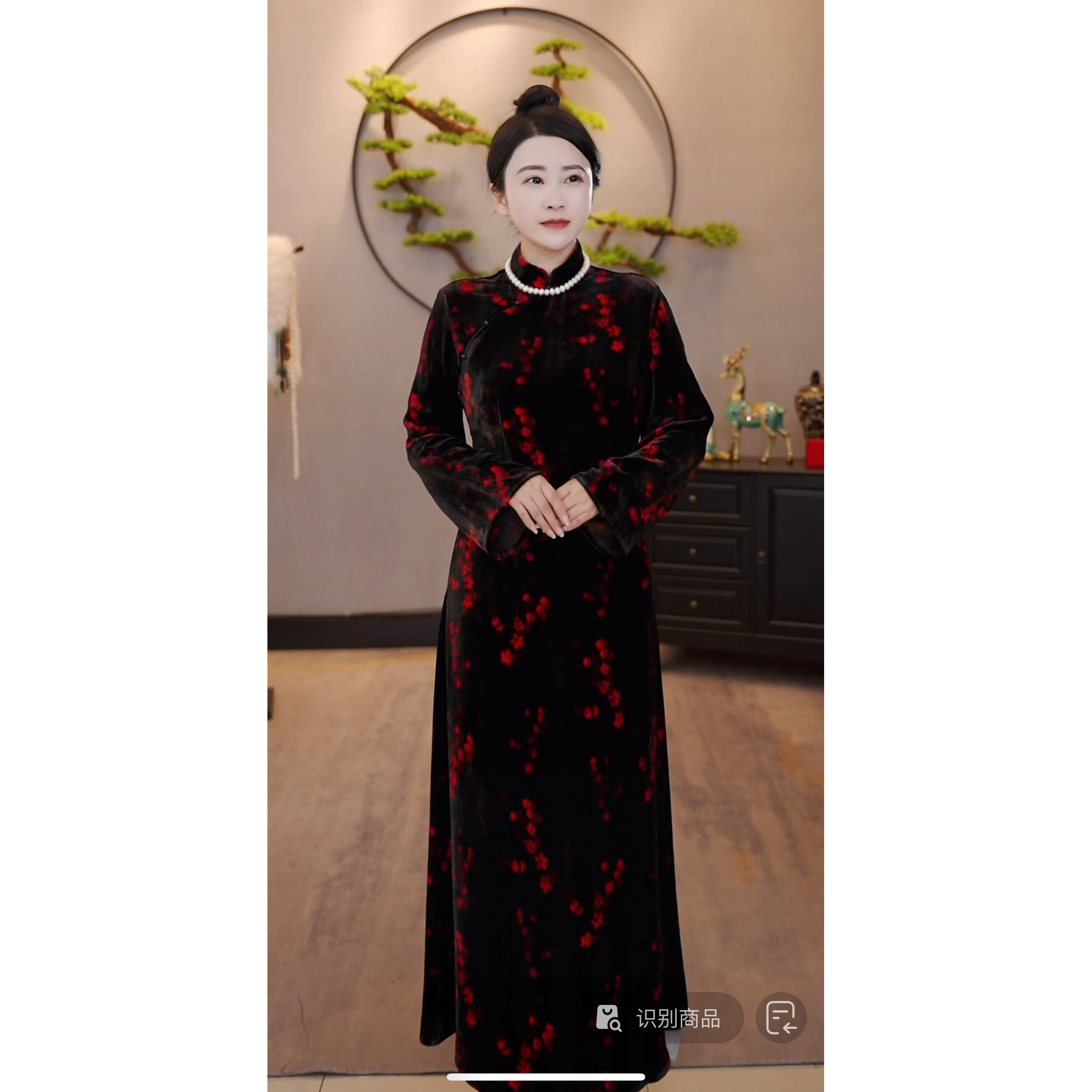 【千奈莉 】真丝烧花丝绒加厚加密不倒绒百搭旗袍连衣裙