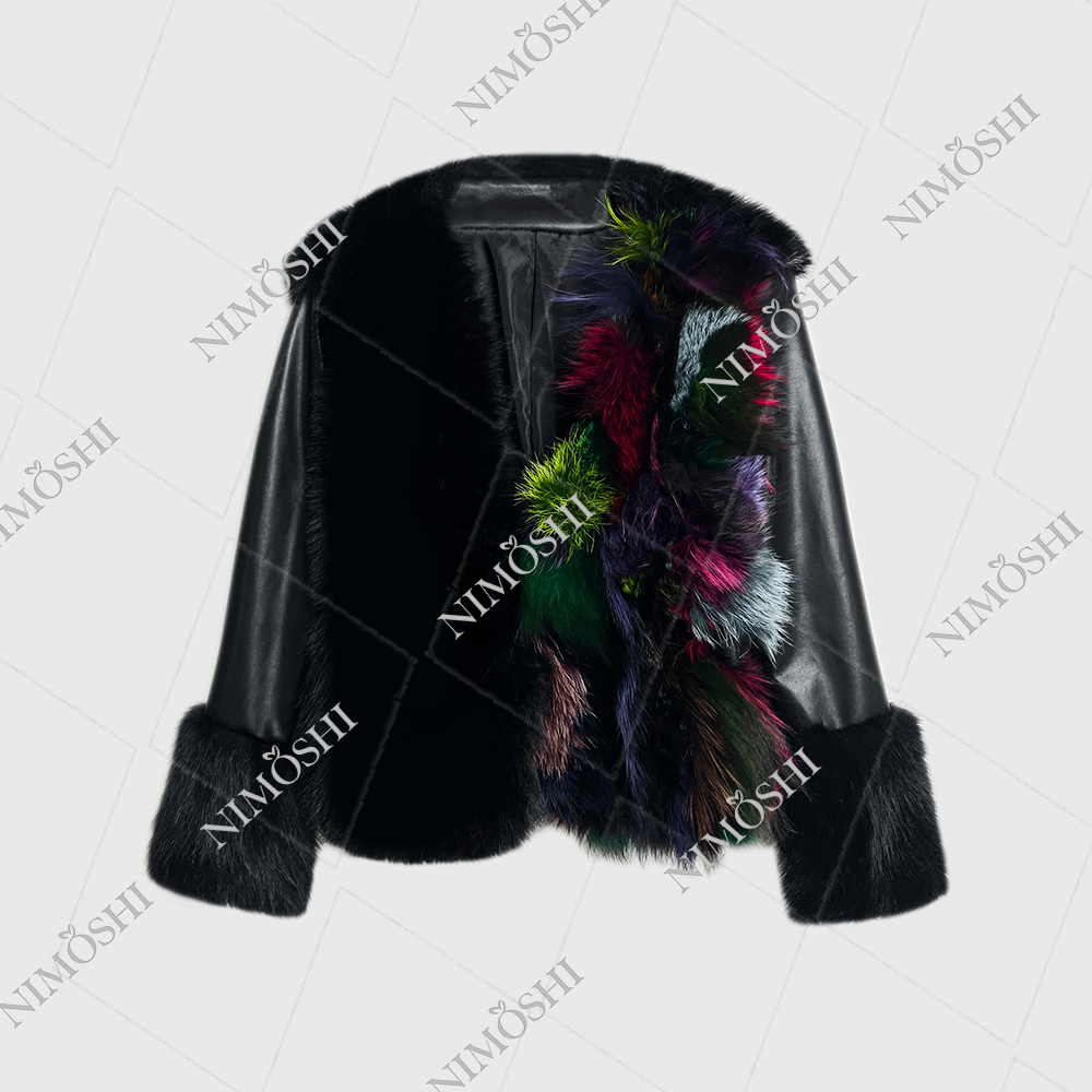 NIMðSHI【莎莎】新款欧式高级拼皮撞色毛外套保暖加厚时尚百搭L5135