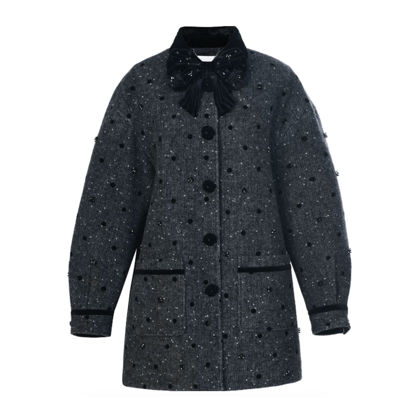 YOYO高定（复古千金）植绒波点灰色羊毛呢高级感中长款外套大衣
