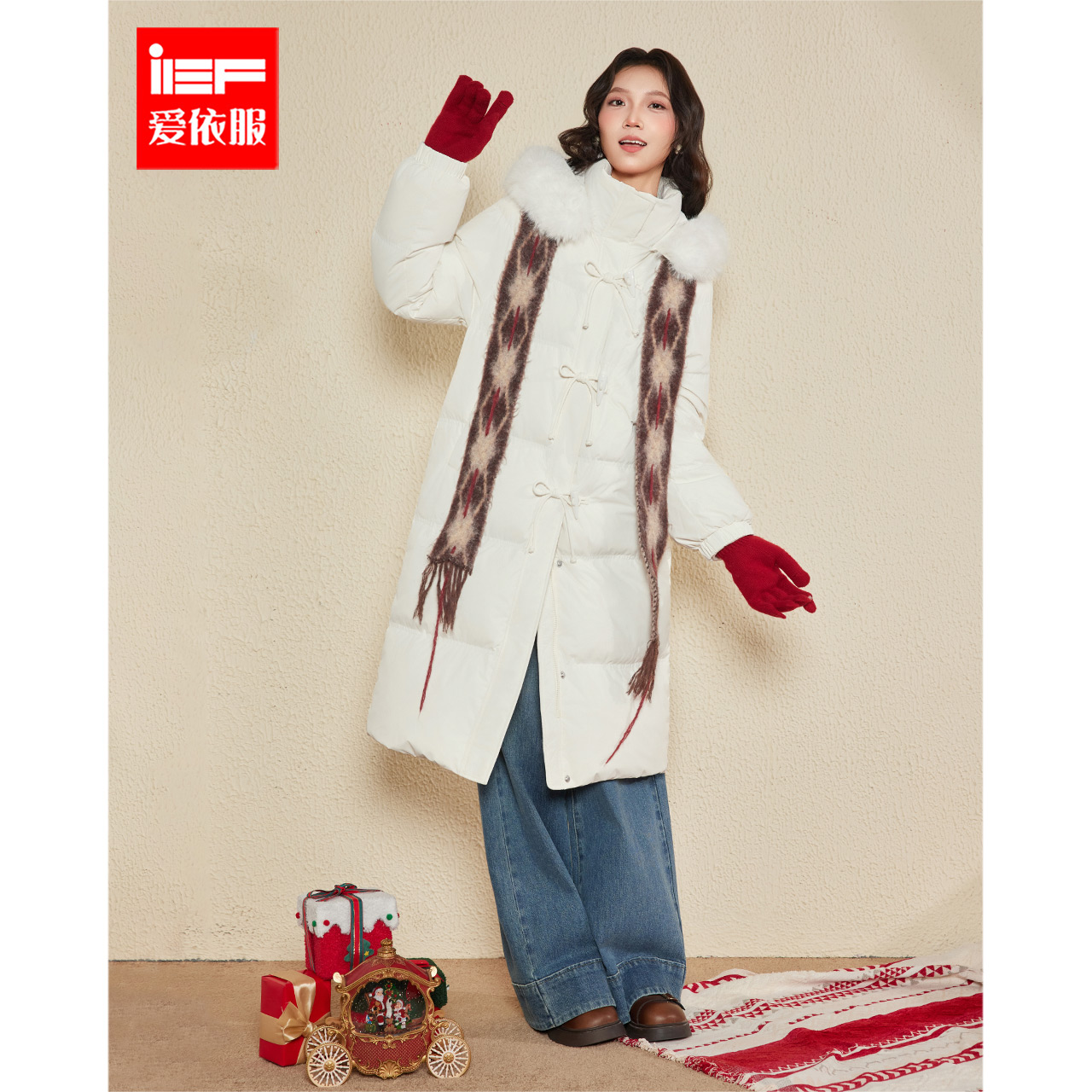 IEF/爱依服2025新款冬季羽绒时尚连帽加厚保暖韩版长外套流光风