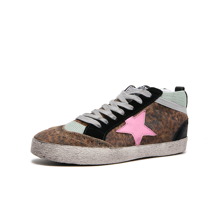 25冬季新款定制版豹纹粉五星做旧高帮脏脏鞋真皮拼色复古休闲女鞋