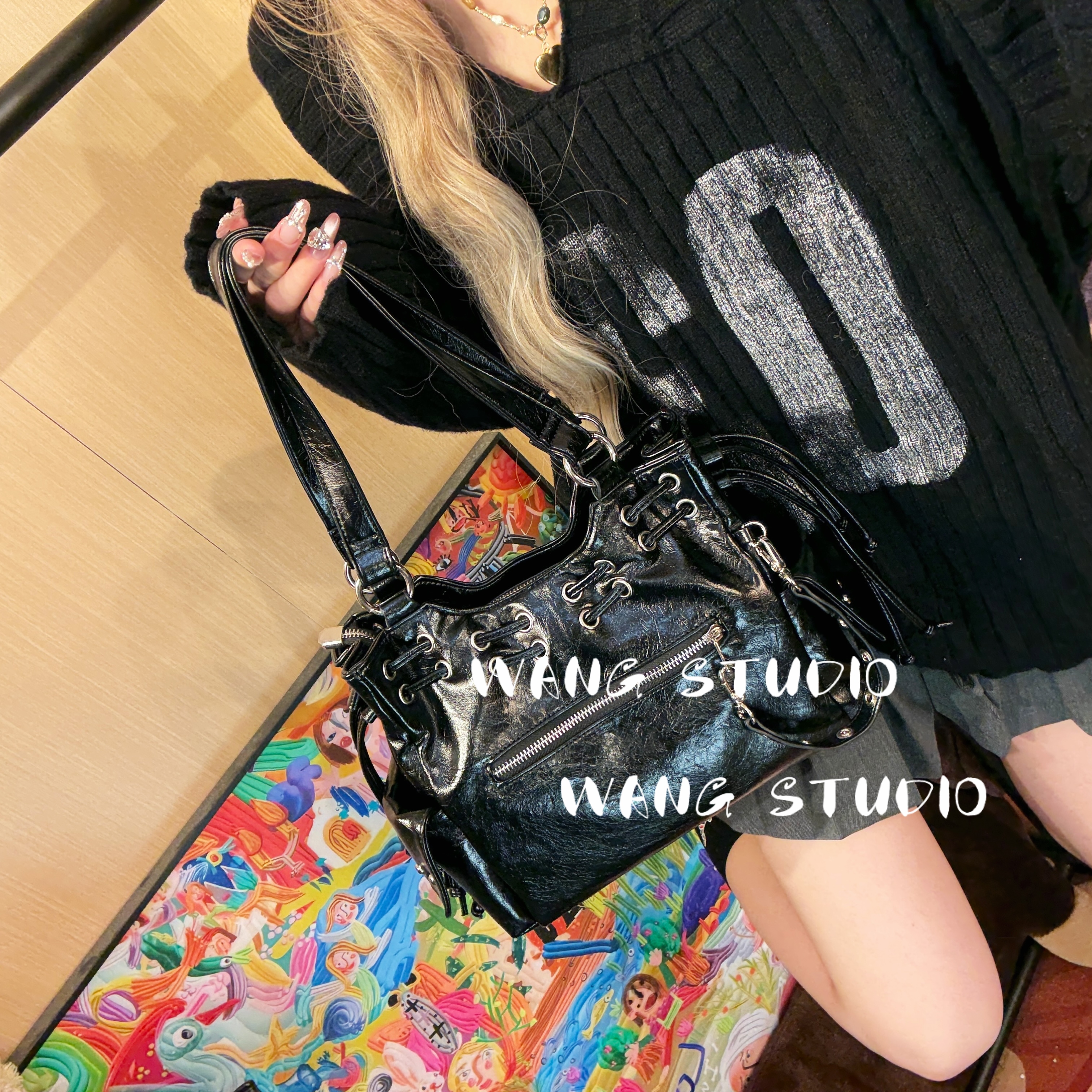  调调包包WANG STUDIOS【时空逆转】小众设计款 黑色Y2K斜挎双肩包