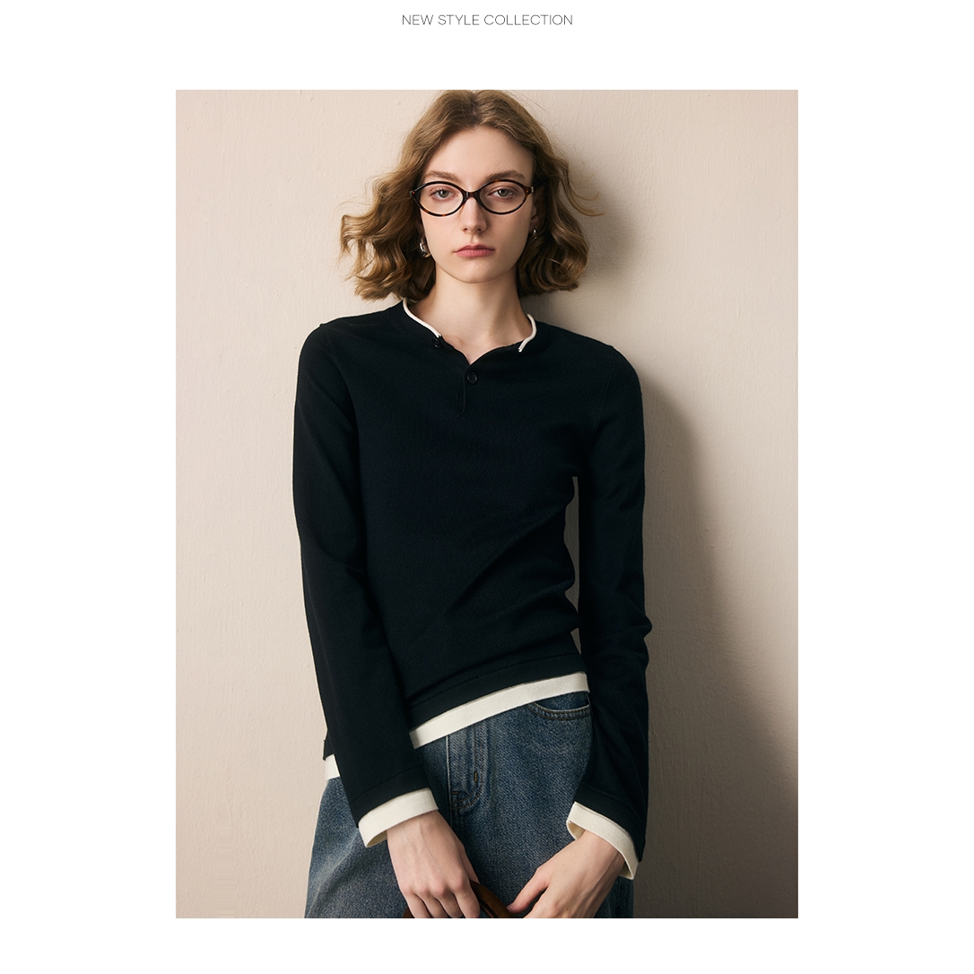 【CC专属】法曼萱假两件针织衫女小个子2025秋新款撞色上衣