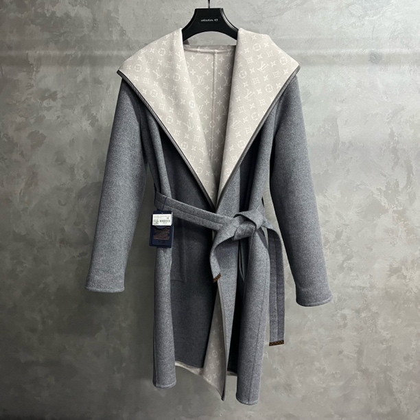 24灰白色双面满印连帽系带中长款长袖大衣/40