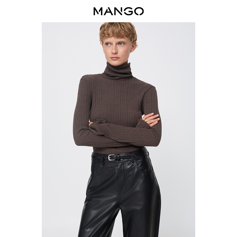 MANGO女装毛针织衫2025冬装新款复古修身高领喇叭袖内搭针织衫