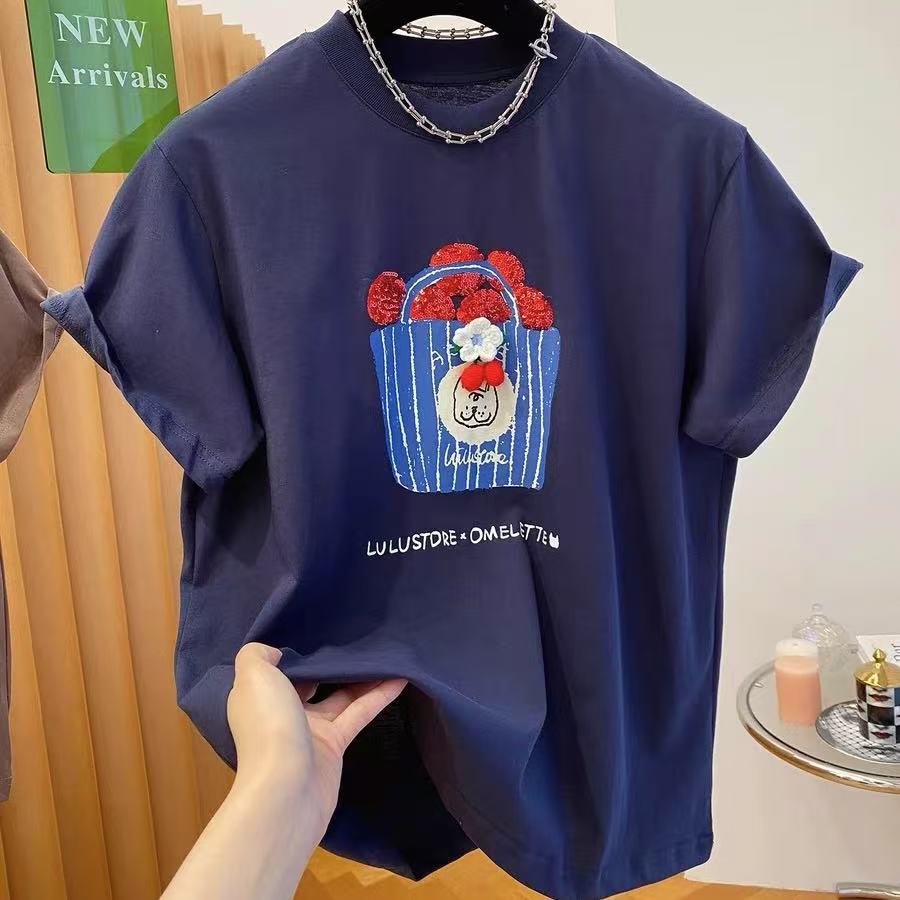 613/1192/116-18  百搭休闲钉珠水果篮子图案T恤上衣