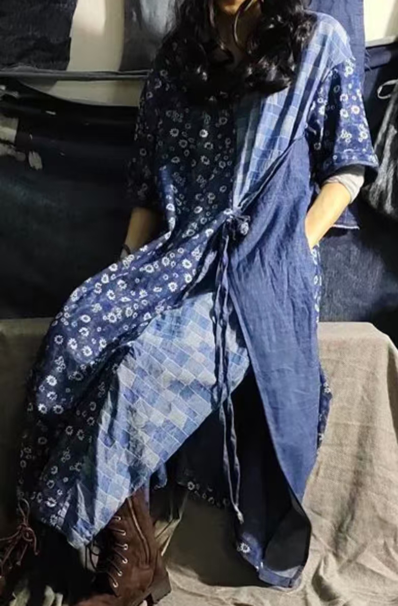 蓝印花布拼接宽松连衣裙