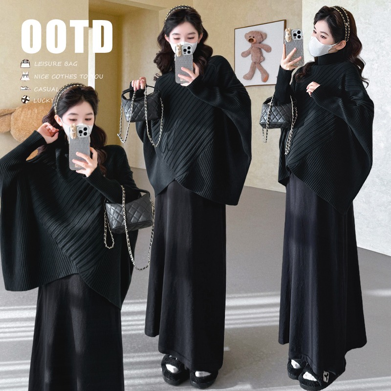 孕妇装2025秋冬孕期穿搭气质慵懒风不规则设计感蝙蝠毛衣半裙套装