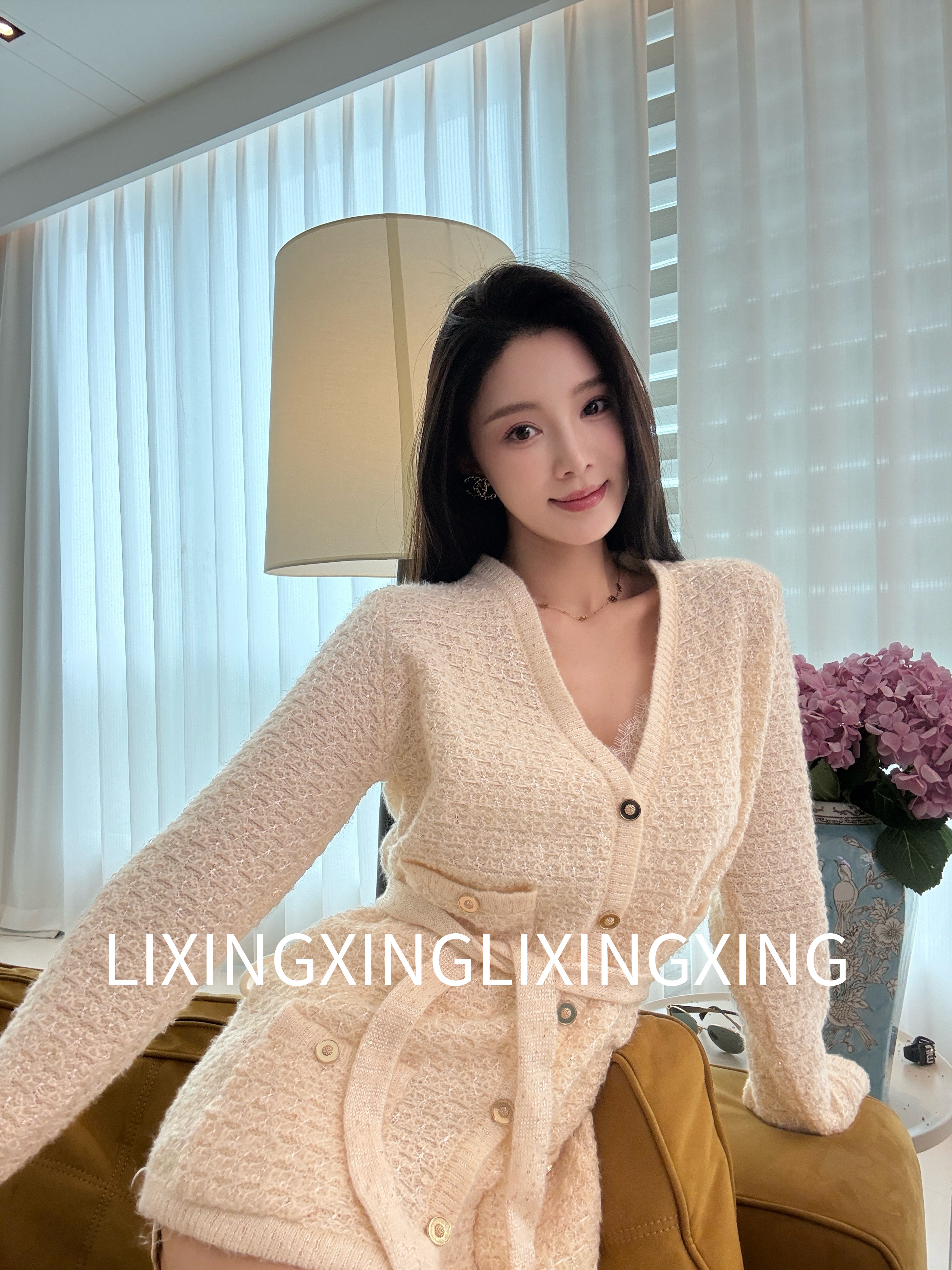 LXX【珠片纱小香外套】腰带中长款提花针织衫白色名媛网红