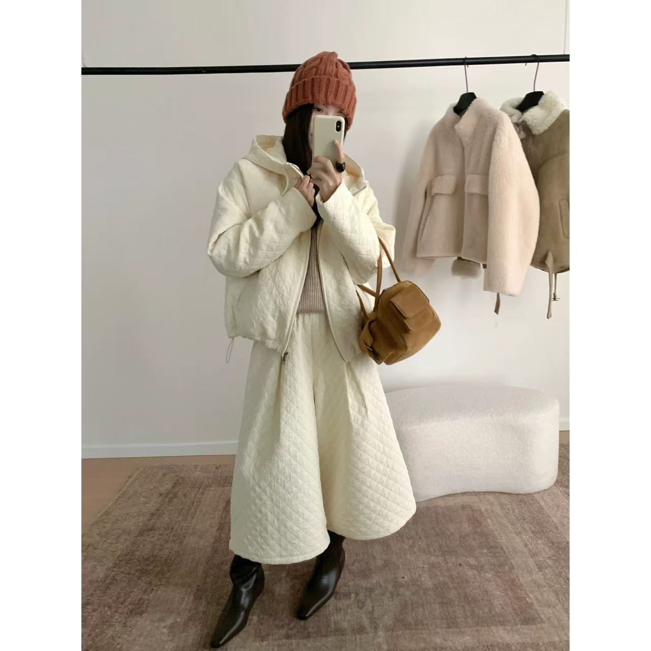 2553•羽绒套装 TZ# 东大门休闲菱格连帽羽绒松紧腰套装•