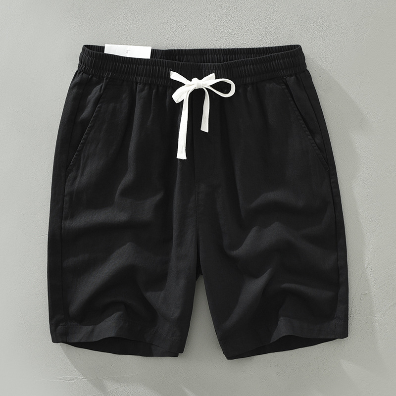 3508黑色亚麻休闲短裤男薄款日系青年复古棉麻宽松五分裤