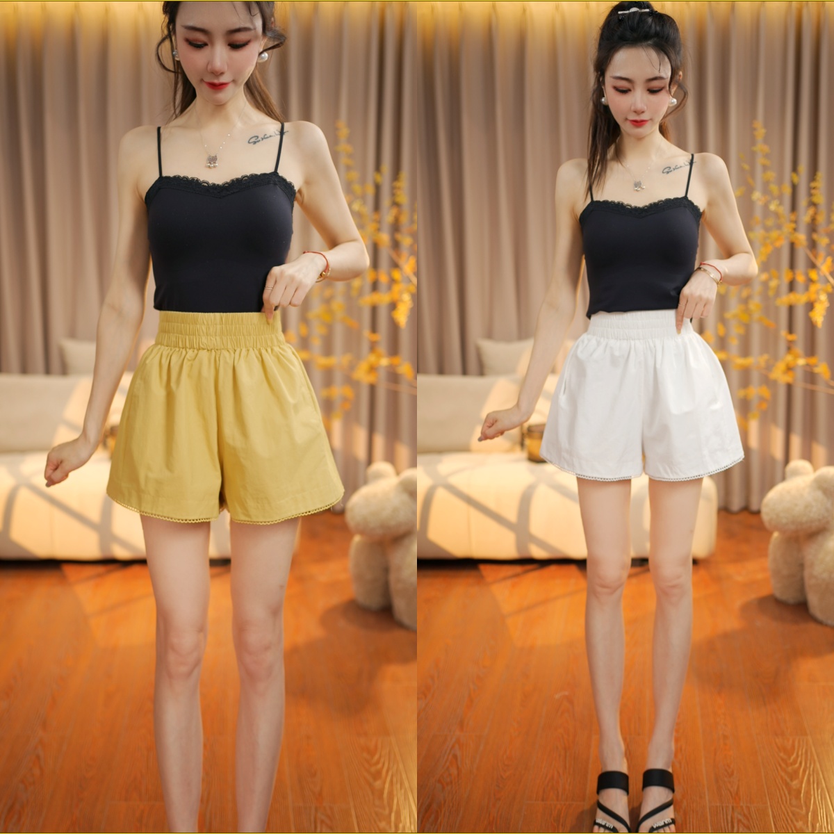 2025夏季款时尚百搭花边短裤休闲显瘦花苞a字版松紧腰短裤