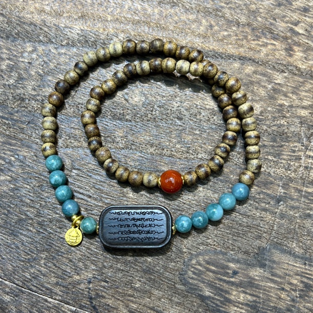 5788-沉沉檀木五条经配翡翠手串5mm