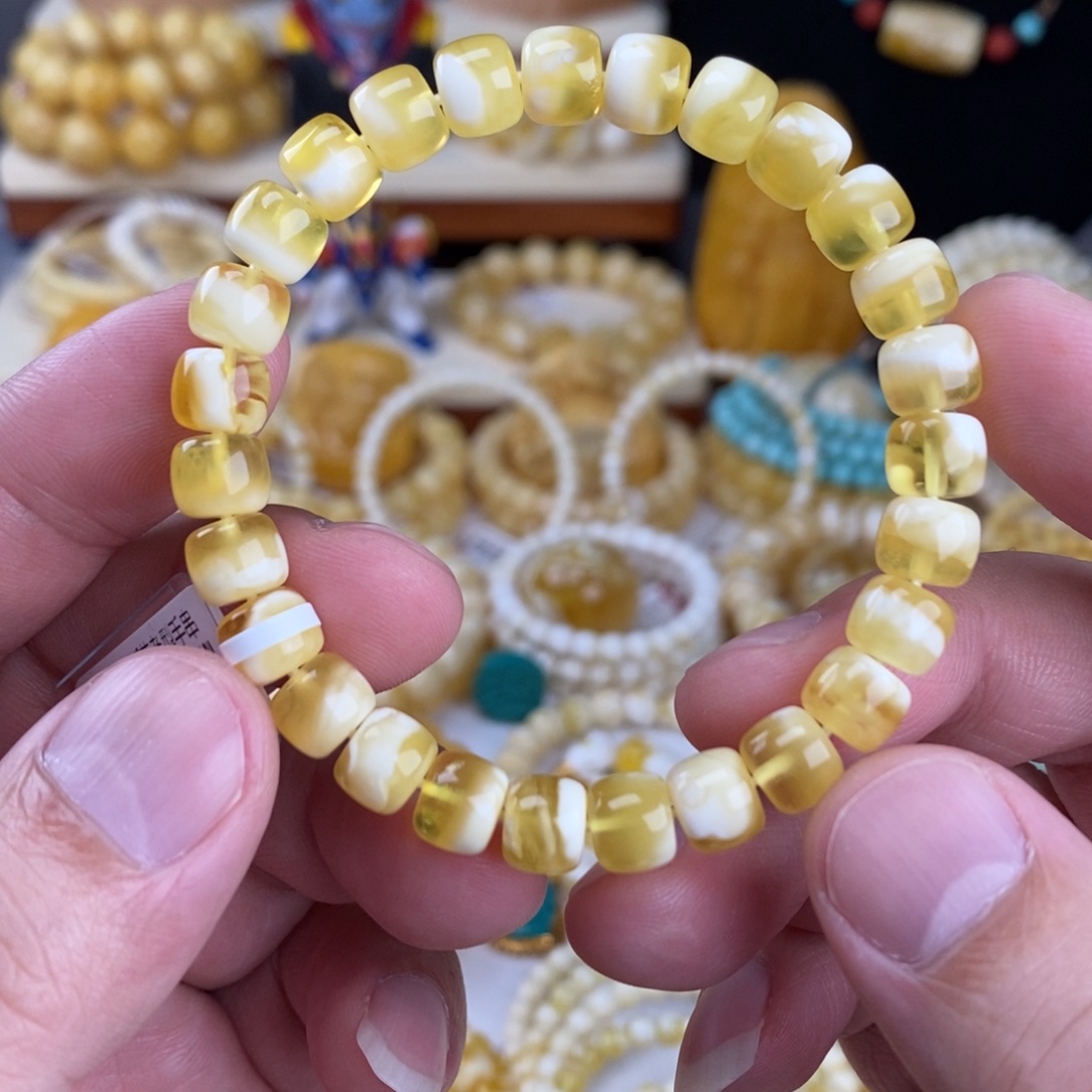 穷***子蜜蜡未镶嵌手链金瓷白妖花8mm