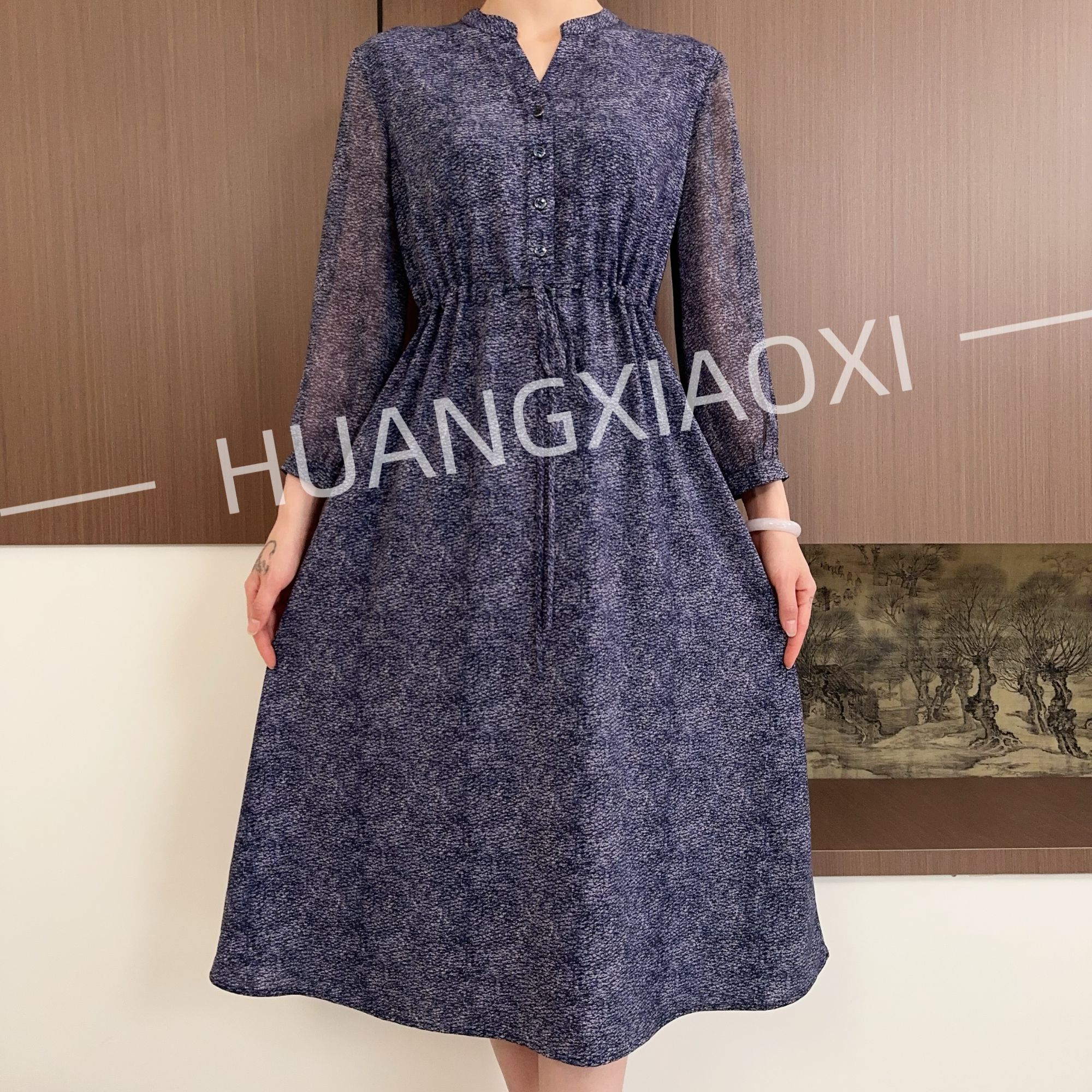HUANGXIAOXI 紫蓝沙粒纹高级感中长袖优雅气质连衣裙 HXX-190