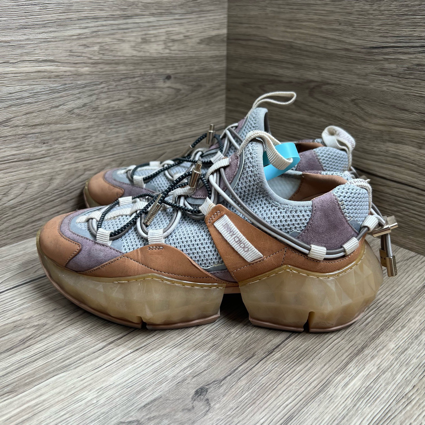 90新 JIMMY CHOO/吉米周 Diamond 粉灰水晶鞋 36码