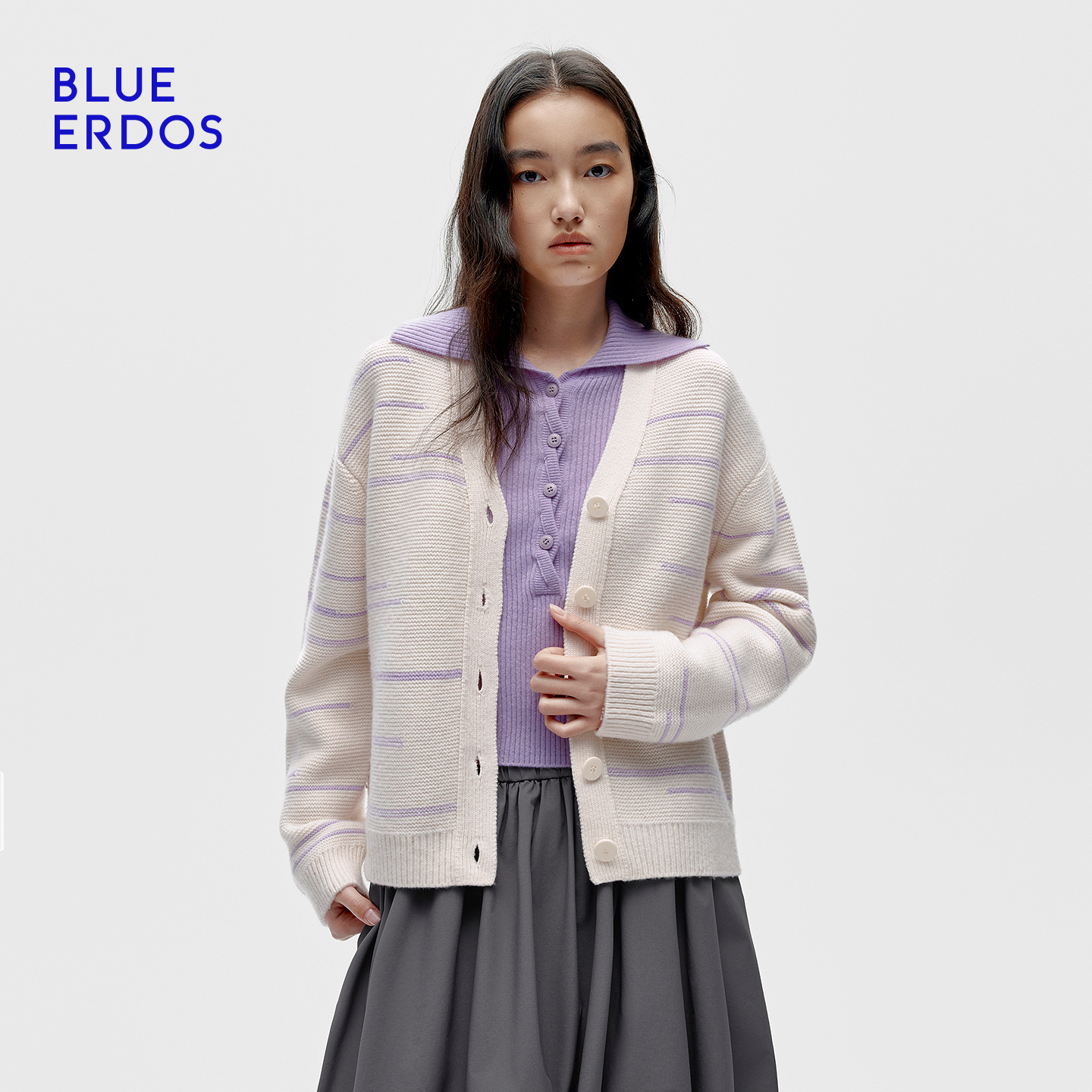 BLUE ERDOS25冬季通勤羊毛羊绒白紫条纹V领针织开衫女B256D1016