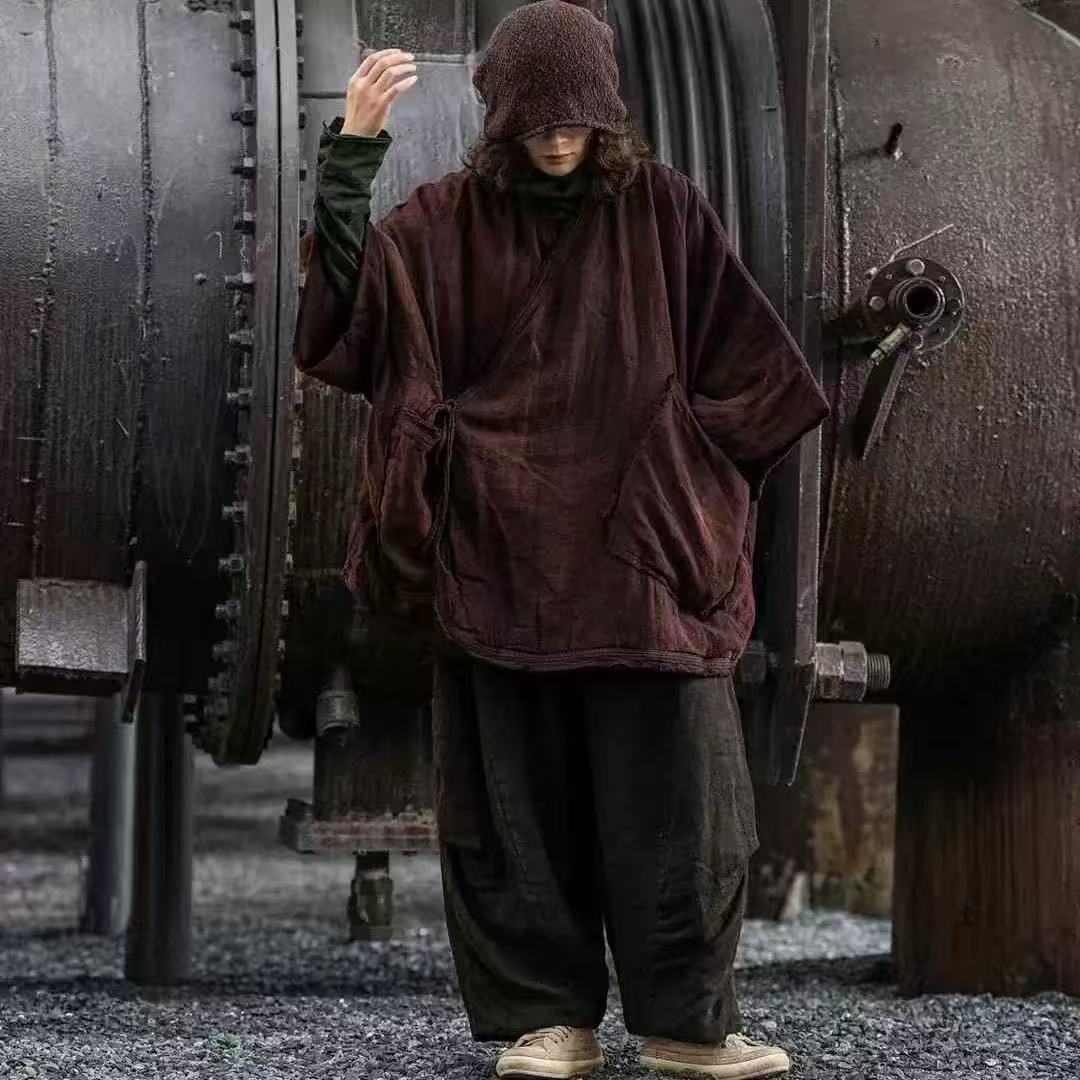 麻衣者复古做旧斜襟大口袋植物染亚麻系带加厚棉服