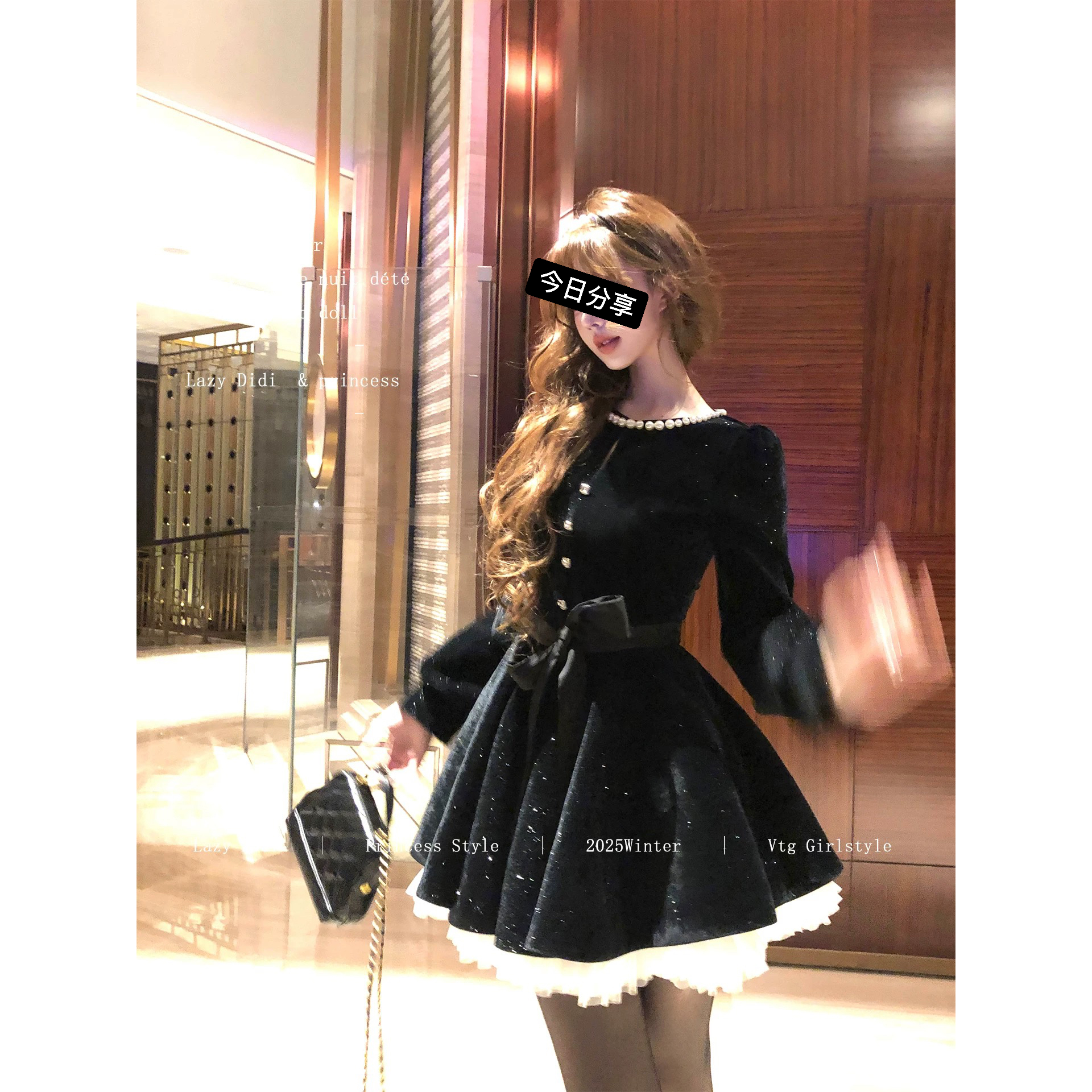 珍珠星夜 定制亮闪丝绒多层纱摆连衣裙千金钉珠蓬蓬裙