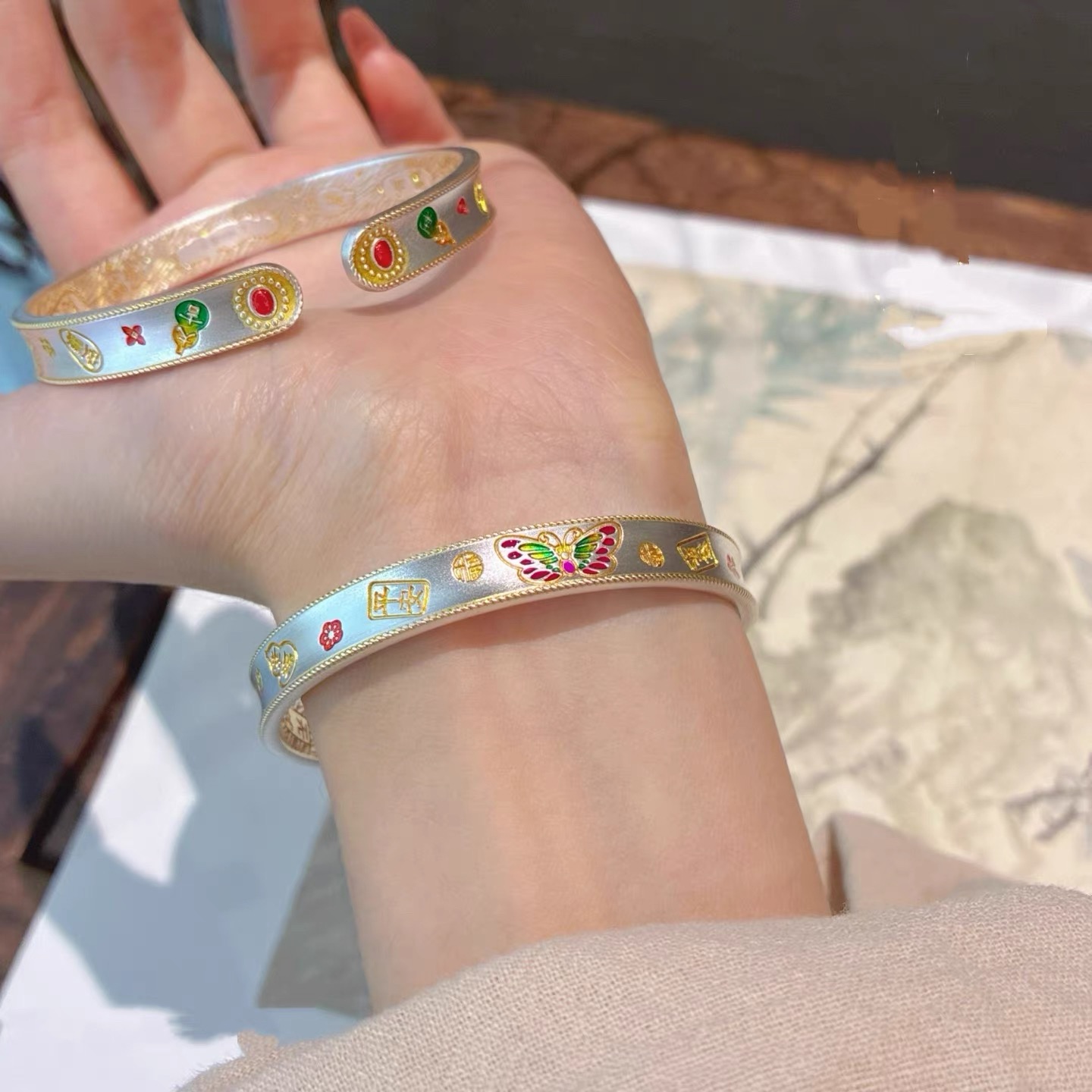 足银手镯 A137足银999.9【凹面蝴蝶】珐琅描金复古开口足银手镯